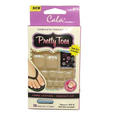 Cala Pretty Toes Complete Toenail Kit with Nail Art and Nail Glue (28 Nails in 14 Sizes) French Tip White With Silver Glitter Line