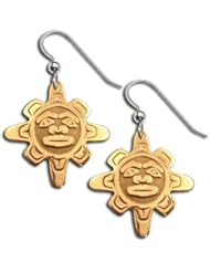 14K Yellow Gold Northwest Coast Native American Sun Earrings. Made in USA.