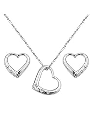 .925 Sterling Silver CZ Journey Heart Earrings and Matching Pendant-Necklace Set with 1.2mm Cable Rolo Chain - 16"+2" Inches Extension