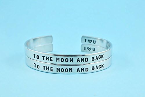 To The Moon And Back - Hand Stamped Bracelets Set, Forever Love, Mother Daughter Bracelets, Friendship Gift