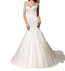 Sexy V-neck Sleeveless Spaghetti Strap Satin/Tulle Open-Back Lace Backless Applique Mermaid Wedding Dress  with a Brush/Sweep Train 