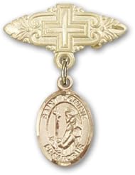 Gold Filled Baby Badge with St. Dominic De Guzman Charm and Badge Pin with Cross. Catholic Saint Dominic De Guzman Patron Saint of Astronomers, Astronomy, Falsely Accused, Scientists