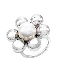 Italian Sterling Silver Rhodium Plated Simulated Pearl Flower Ring