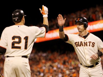 Texas Rangers v San Francisco Giants, Game 2: Aaron Rowand, Freddy Sanchez Photographic Poster Print by Doug Pensinger, 12x16