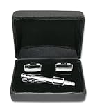 Silver Colored Rectangular Men's Cuff Links Tie Clip Set Black White