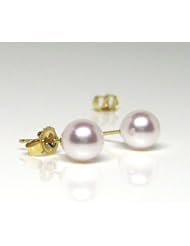 HinsonGayle AAA Handpicked Genuine Japanese Akoya 6.0-6.5mm White Cultured Pearl Stud Earrings (Solid 14K Yellow Gold)