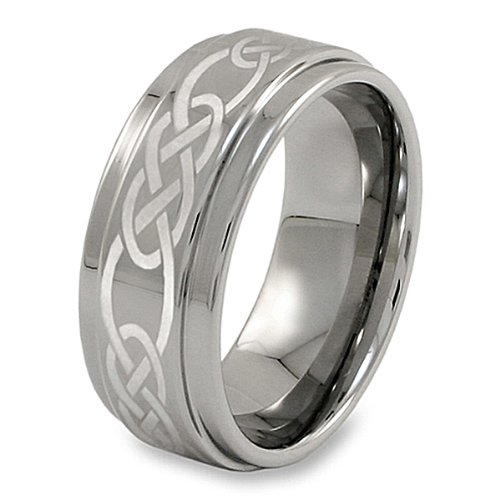 Ridged Edge Polished Tungsten Carbide Ring with Celtic Knot Laser Design- Sizes 8-13