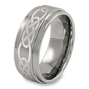 Ridged Edge Polished Tungsten Carbide Ring with Celtic Knot Laser Design (9.0mm) - Sizes 5 - 13