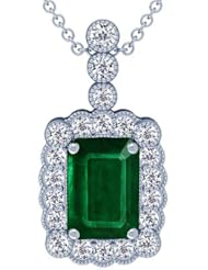 14K White Gold Emerald Cut Emerald And Round Diamond Pendant