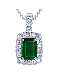 18K White Gold Emerald Cut Emerald And Round Diamond Pendant