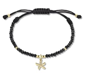Tuscany Unisex-Armband Einstellbar 9 Karat 375 Gelbgold mit schwarzem Spinell und weiß Diamant Steine 0.06CT Seestern förmig Charm 1.28.671G