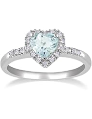 Sterling Silver, Aquamarine, and Diamond Heart Ring (0.1 cttw, G-H Color, I2-I3 Clarity)