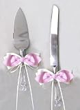 Pink Satin Bow White Ribbon Cake Knife and Server Set for Wedding or Ceremony