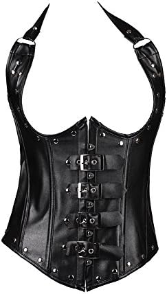 WAHO Faux Leather Steel Boned Buckles Halter Underbust Corset Top Plus Size Black 2x-large Size