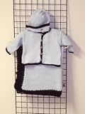 Ck601bbrbk, Knitted on Hand Knitting Machine Then Finished By Hand Crochet Infant Boys Outfit, Containing Baby Blue Cotton Crocheted Dark Brown Chenille Trim Cardigan Sweater, Hat Set with Matching Blanket.