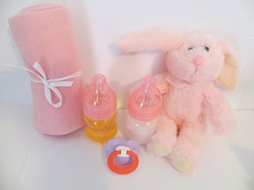 2 Reborn Baby Doll Bottles 2oz PINK Fake Milk + Fake Juice + Pink BUNNY + Pink Blanket + Lilac Pink Pacifier + Putty + Instructions OOAK AGES 8 YEARS + THIS IS A PROP - NOT A TOY