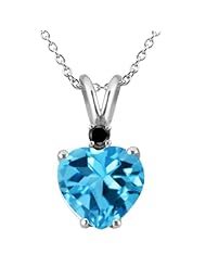 1.63 Ct Heart Shape Swiss Blue Topaz Black Diamond 14K White Gold Pendant