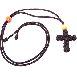 Knotted Cross necklace with expandable cord controlled by olive wood beads