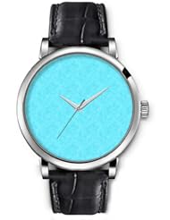 SPRAWL Aanalog Fashion Series Silver Ladies Watches of Genuine Black Leather Strap,Unique Wrist Watch for Women Girls Designed with Stained blue cyan background