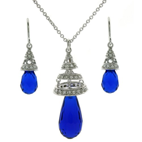 Necklace Earring Sterling Silver Swarovski Crystals Sapphire Blue September Birthstone Swirl Jewelry Set Gift Bucasi SALE