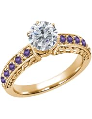 1.24 Ct Round H/I Diamond Purple Amethyst 18K Yellow Gold Ring