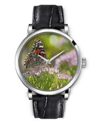 SPRAWL Aanalog Fashion Series Silver Ladies Watches of Genuine Black Leather Strap,Unique Wrist Watch for Women Girls Designed with Butterfly on pink flowers