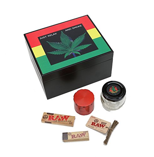 The Rasta Leaf Wooden Tobacco Box Stash Box! 6 Pc Raw Rolling Kit Includes Raw Rolling Papers, Raw Filter Tips, Raw Hemp Wick, 4 Pc. Metal Grinder, and Airtight Glass Jar (7.5