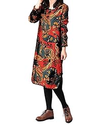 Plus Size Cotton/Linen Long Sleeves Floral Print Vintage Mini Dress 