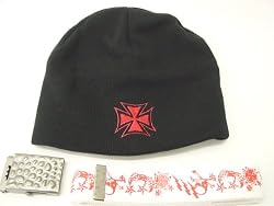 Iron Cross Beanie and Skull Belt with Metal Buckle Gift Set