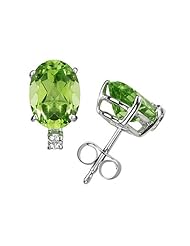 10X8mm Oval Peridot and Diamond Stud Earrings in 14K White Gold