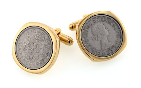 Gold plated cufflinks set with genuine Queen Elizabeth II sixpence coins with presentation box. Made in the U.S.A
