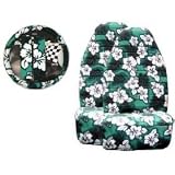A Set of 5 PC. Universal-Fit Hawaiian Hibiscus Floral Print Front Bucket Seat Cover, Steering Wheel Cover and Shoulder Harness Pressure Relief Cover - Green