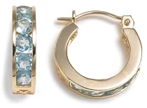 14k Yellow Gold Channel Set Round Swiss Blue Topaz Hoop Earrings