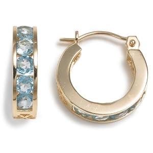 14k Yellow Gold Channel Set Round Swiss Blue Topaz Hoop Earrings by