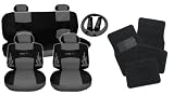 17pc Flames Gray Charcoal and Black Type R Racing Low Back Seat Covers with Head Rest Covers, Bench Cover with Head Rest Covers and Steering Wheel Cover with Shoulder Pads and a SET of Black Floor Mats