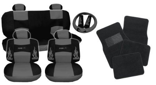 img View detail 17pc Flames Gray Charcoal and Black Type R Racing Low Back Seat Covers with Head Rest Covers, Bench Cover with Head Rest Covers and Steering Wheel Cover with Shoulder Pads and a SET of Black Floor Mats from amazon.com