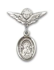 Sterling Silver Baby Badge with Our Lady of Perpetual Help Charm and Angel with Wings Badge Pin