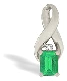 14K White Gold Genuine Emerald-cut Emerald and Diamond Pendant