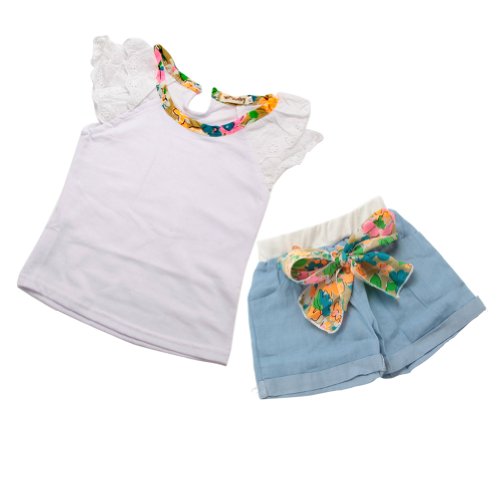 Urparcel Girls T-shirt Bow-knot Shorts Pants Ruffled Sleeves Outfits Sets 1-6y
