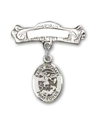 Sterling Silver Baby Badge with St. Michael the Archangel Charm and Arched Polished Badge Pin