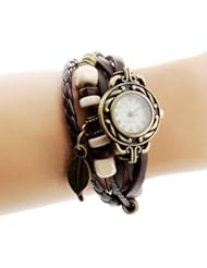 Uoften Quartz Fashion Weave Wrap Around Leather Bracelet Lady Woman Wrist Watch Leaf Pattern Coffee