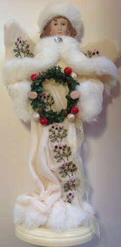 12″ tall Christmas Angel with Green Wreath Figurine Doll on wooden base by Santa’s Workshop