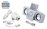 Portable Folding White Stereo Speaker with USB cable + 3-in-1 Charger Kit for iPod, iPhone, Nano all Generations, Incl. DBROTH Microfiber Cleaning cloth