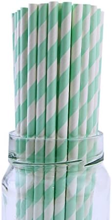 Secret Life(TM) 100 Pcs Biodegradable Paper Straws Kit Single Color Patterns, Bachelorette, Baby Shower, Wedding, Birthday, Anniversary Party Supply (Pastel Green Stripes)