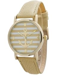 Womens Geneva Striped Anchor Style Leather Watch - Beige