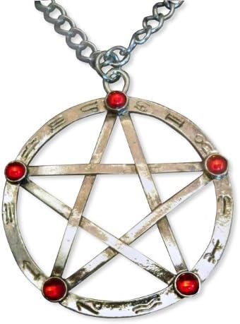 Real MetalPentacle in Enscribed Frame with Red Cabochons Extra Large Pendant Necklace