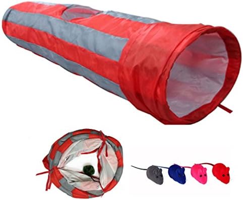 Emors Nylon Crackle Chute Crinkly Sounds Collapsible Cat Tunnel Cat Tube With Cat Toys (red/grey, medium)