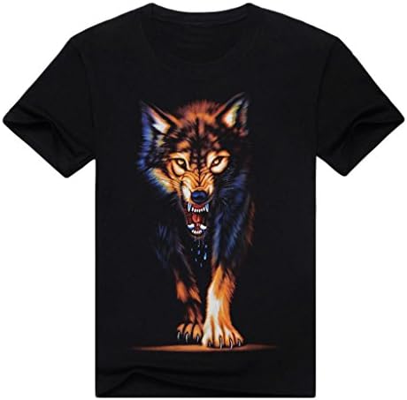 Dantiya Men's Tee 3d Wolf Round Collar Black T-shirt Short Sleeve (L, Black)