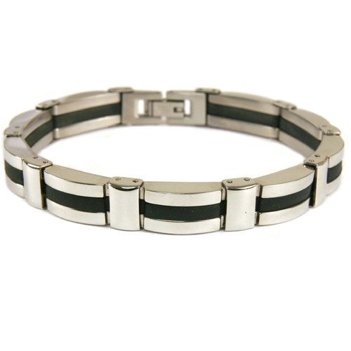 41EIlw977WL Stainless Steel Black Rubber Bracelet Mens Link Satin Finish by Bucasi