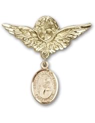 14K Gold Baby Badge with St. John of the Cross Charm and Angel with Wings Badge Pin